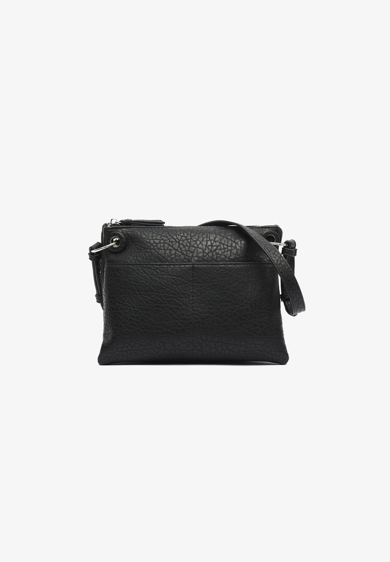 Schwarze Leder-Umhängetasche mit strukturiertem Finish, Reißverschluss und verstellbarem Tragegurt. Rechteckige Form mit dezenten Nahtdetails.