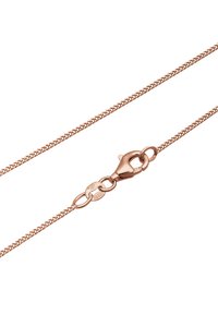 Collier en chaîne en or rose avec un design tressé, comportant un fermoir en homard et une surface texturée. Les marquages incluent "925" pour la pureté de l'argent.