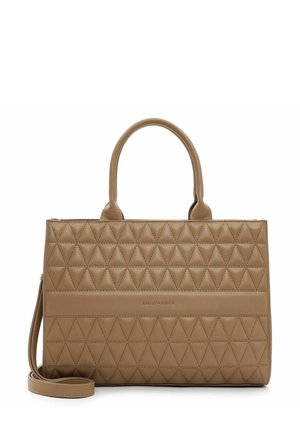 Sac à main matelassé beige avec un motif géométrique en triangles, double anses, bandoulière amovible et texture lisse. La marque est embossée à l'avant.