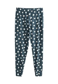 Blå pyjamasbyxor med elastisk midja, prydda med spridda vita och rosa prickar. Tillverkade av mjukt material med ribbade mudd. 