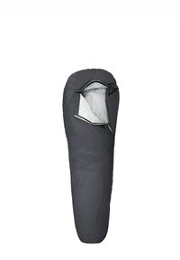 Dunkelgrauer Mumien-Schlafsack mit teilweise geöffnetem Reißverschluss, der das hellgraue Innenfutter auf einem weißen Hintergrund zeigt.