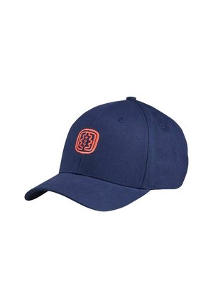 Casquette de baseball bleu marine avec une visière incurvée et un logo brodé orange centré sur la face avant.