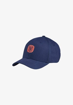 Casquette de baseball bleu marine avec une visière incurvée et un logo brodé orange centré sur la face avant.