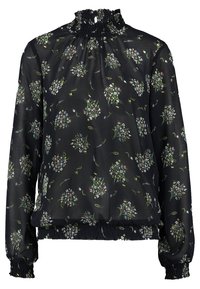 Blouse noire à manches longues en tissu transparent avec motif floral. Dotée d'un col froncé et de poignets smockés. Design léger et fluide.