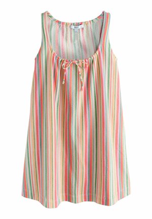 Top de vară fără mâneci cu dungi verticale roz, verde, piersică și alb, decolteu rotund și un mic detaliu cu fundă în față.