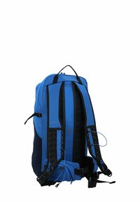 Zaino blu con spallacci in rete, tasche con zip e fibbie regolabili. Caratterizzato da un tessuto resistente e un design snodato per il supporto.