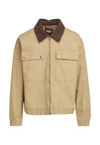 Beige lukuga sulguva jakk pruunist korduurist kraega, kaks esiõmblustaskut klõpskinnitusnuppudega ja pikad varrukad.