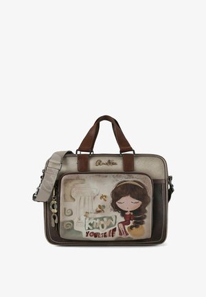 Brązowo-kremowa torba o fakturowanej powierzchni, z fantazyjną ilustracją i napisem "POZNAJ SIEBIE" z przodu.