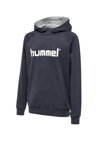 Felpa con cappuccio navy con logo "hummel" bianco, realizzata in tessuto morbido. Presenta una fodera interna grigia e polsini e orlo a coste.