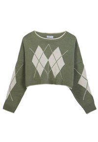 Pull court vert en tissu tricoté avec un motif de diamants blancs, des manches larges et un col rond. Fini texturé sur l'ensemble.