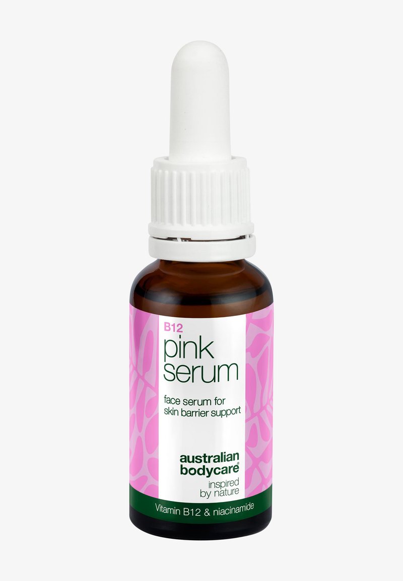 Flacon en verre brun avec compte-gouttes blanc étiqueté "Sérum rose B12" pour le soutien de la barrière cutanée par Australian Bodycare.