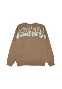 Felpa marrone con una grafica bianca di fiamme stilizzate e testo sulla schiena. Presenta maniche lunghe e un design a collo rotondo.