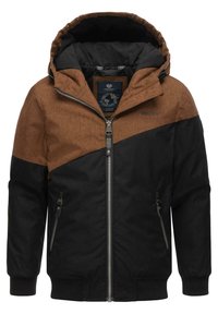 Giacca con cappuccio caratterizzata da un design a blocchi di colore marrone e nero, chiusura frontale con zip e tasche laterali con zip; realizzata in tessuto testurizzato.