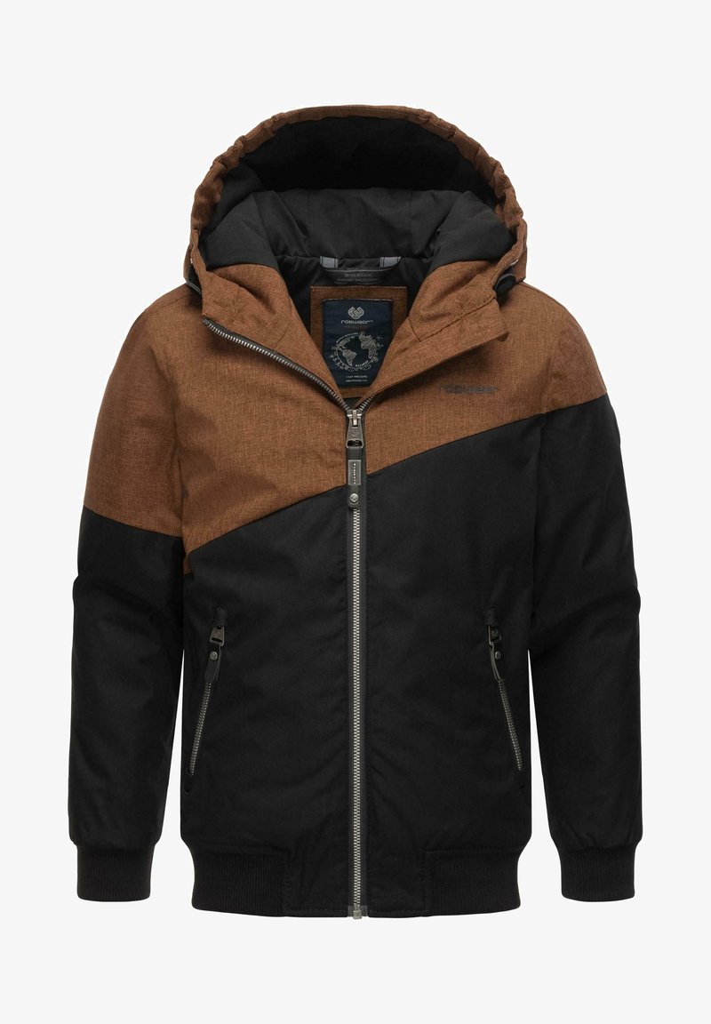 Giacca con cappuccio caratterizzata da un design a blocchi di colore marrone e nero, chiusura frontale con zip e tasche laterali con zip; realizzata in tessuto testurizzato.