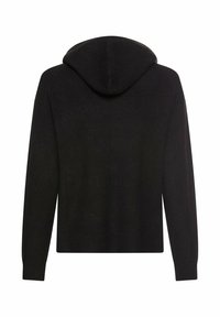 Zwarte gebreide hoodie met een gestructureerd uiterlijk, lange mouwen en een afgeronde capuchon. Beschikt over een ontspannen pasvorm en ribbeldetails aan de onderkant.
