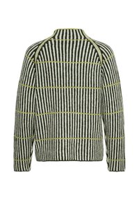Pull en tricot à manches longues avec des rayures verticales noires et blanches et de fines lignes horizontales jaunes, vu de dos.