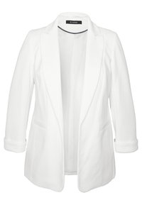 Bílý blejzr s vroubkovanou strukturou, s klopami a dvěma předními kapsami. Ohrnuté rukávy a otevřený přední design. Uvnitř značková etiketa "EVANS".