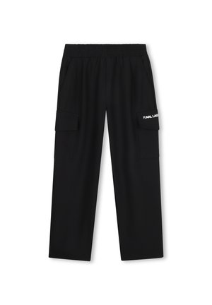 Pantaloni cargo neri con girovita elastico e tasche laterali, con un piccolo logo bianco "KARL LAGERFELD" sulla patta della tasca destra.