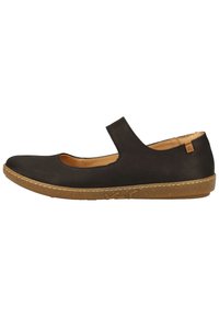 Chaussure en cuir noir avec un design Mary Jane, bout rond, sangle élastique et semelle en caoutchouc beige avec texture subtile et détail de marque.