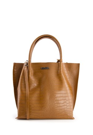 Tan krokodillenembossed leren handtas met dubbele handvaten en een afneembare schouderband. Voorzien van een metalen "Venezia" logo aan de voorkant.