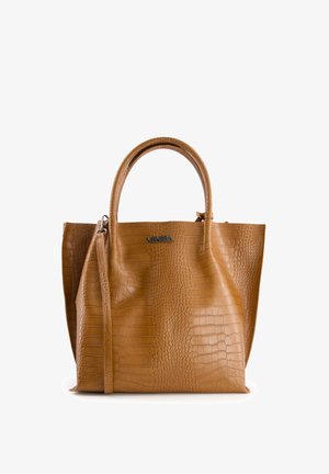 Tan crocodile-embossed leather handbag with double handles and a detachable shoulder strap. Features a metallic "Venezia" logo on the front.