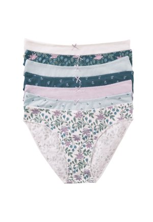 Set van vijf katoenen damesonderbroeken in verschillende kleuren: bloemen wit, teal, lichtblauw en lichtroze. Inclusief kanten accenten en strikjes.