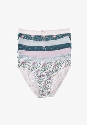 Set of five women's cotton panties in various colors: floral white, teal, light blue, and light pink. Includes lace accents and bows.