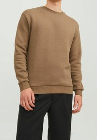 Sudadera de cuello redondo marrón hecha de una tela suave, con puños y dobladillo de canalé, combinada con pantalones negros. Diseño minimalista, sin estampados.