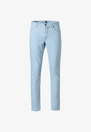 Jean slim bleu clair avec cinq poches, fermeture à boutons et passants pour ceinture, présenté sur un fond blanc.