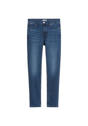 Slim-fit, mid-rise denim jeans in dark blue with fading, five pockets, and metal button closure. Soft, smooth texture.