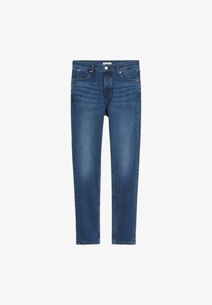 Slim-fit, normale taille denim jeans in donkerblauw met vervaging, vijf zakken en een metalen knoopsluiting. Zachte, gladde textuur.