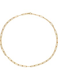 Gold-colored chain necklace featuring elongated link design, polished finish, and a secure clasp. Measures approximately 18 inches in length.