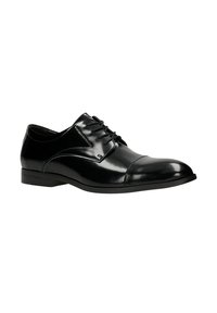 Scarpa da uomo in pelle nera con finitura liscia, punta arrotondata, design con lacci e tacco in gomma basso. Presenta eleganti dettagli di cucitura minimi.