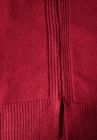 Roter Strickstoff mit strukturierter Oberfläche. Verfügt über vertikale Rippakzente und ein glattes Mittelpanel, das ein nahtloses Design schafft.