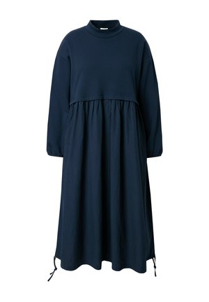 Abito lungo blu navy con collo alto finto, maniche lunghe, vita arricciata, gonna ampia e coulisse regolabili all'orlo.
