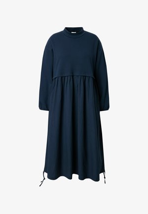 Abito lungo blu navy con collo alto finto, maniche lunghe, vita arricciata, gonna ampia e coulisse regolabili all'orlo.