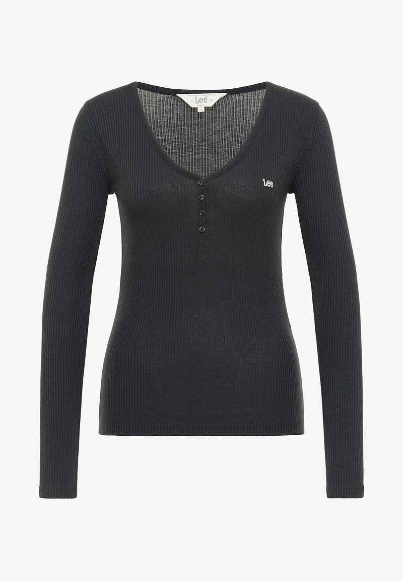 Black ribbed long-sleeve top with a V-neck, featuring a button placket and a small "Lee" logo on the left side. Smooth texture.