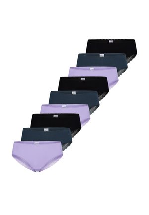Acht Damen-Slips mit Spitzenbesatz in Schwarz, Dunkelteal und Lavendel, diagonal auf weißem Hintergrund angeordnet.