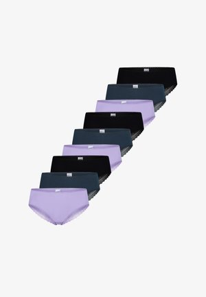 Acht Damen-Slips mit Spitzenbesatz in Schwarz, Dunkelteal und Lavendel, diagonal auf weißem Hintergrund angeordnet.
