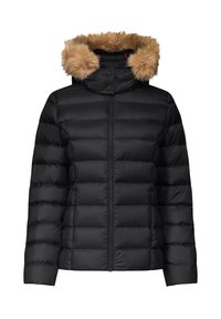 Chaqueta acolchada negra con diseño acolchado, cierre frontal de cremallera y capucha desmontable forrada de piel sintética en marrón claro. Presenta una textura suave.