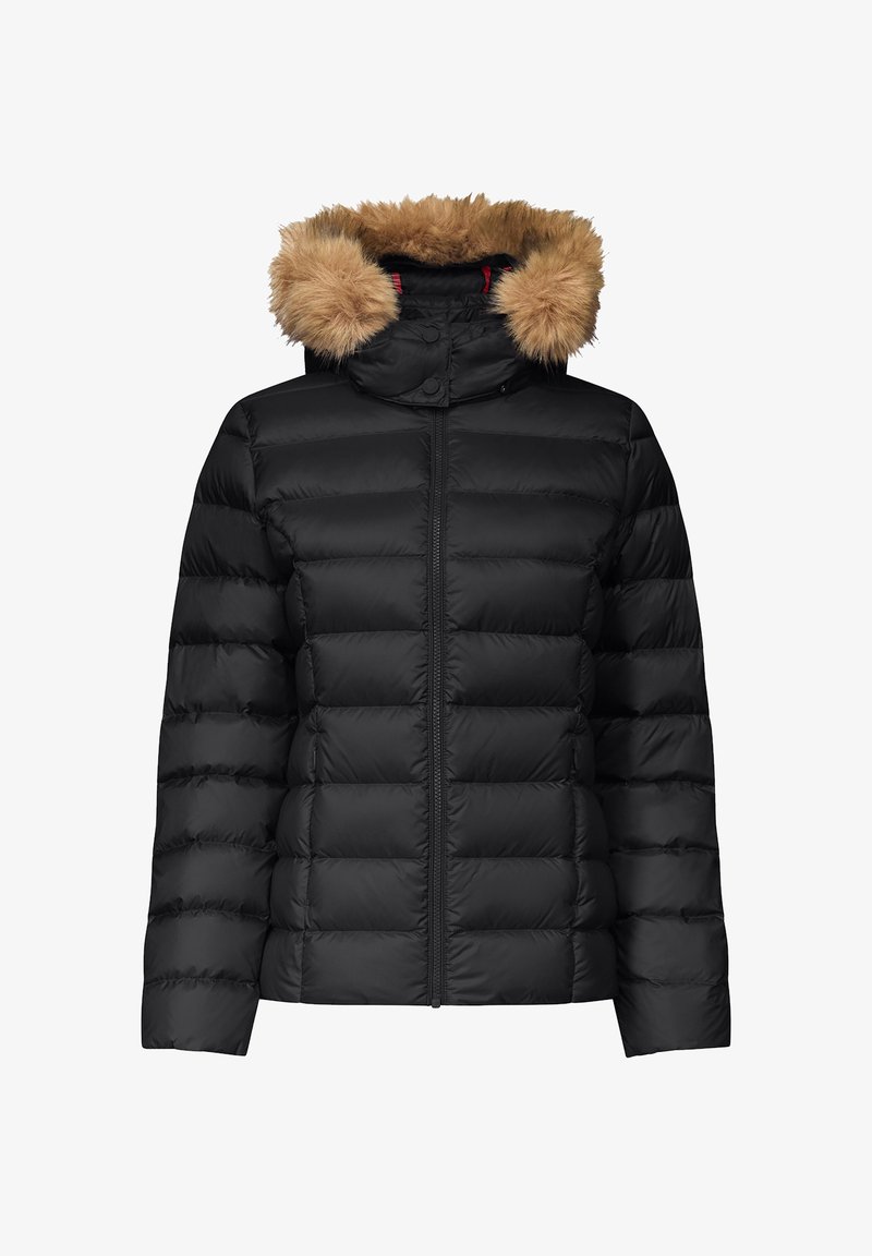 Doudoune noire avec un design matelassé, fermeture éclair sur le devant et une capuche amovible en fourrure marron clair. Présente une texture lisse.