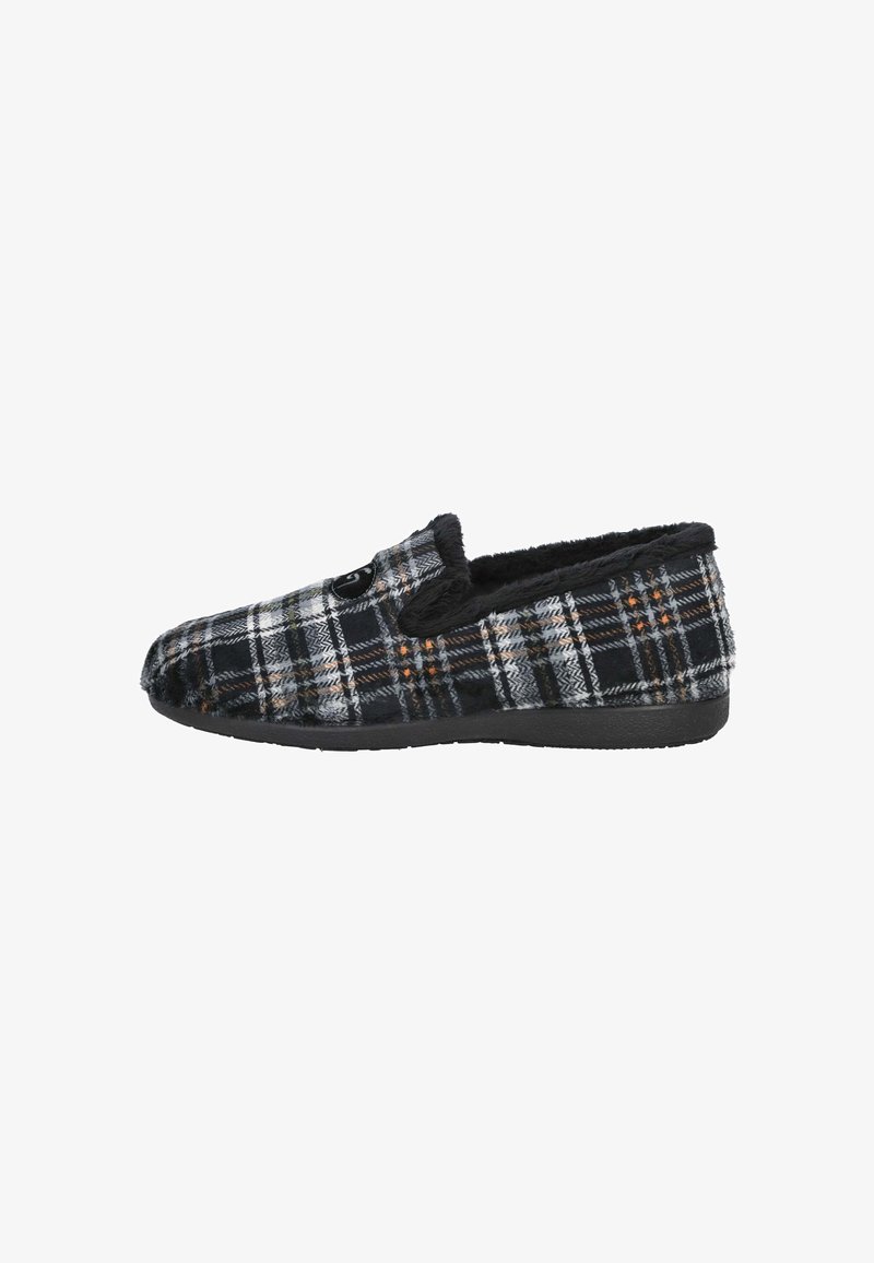 Zapatillas de cuadros en negro y gris con una textura suave, punta redonda y suela sintética negra. Forro de pelo sintético y detalles de costura decorativa.