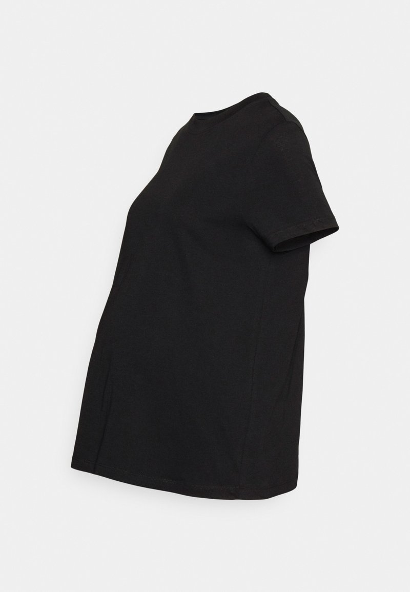 Črna nosečniška majica iz bombaža, z kratkimi rokavi, okrogli ovratnik in ohlapen kroj, zasnovan za udobno nošenje med rastjo trebuščka.