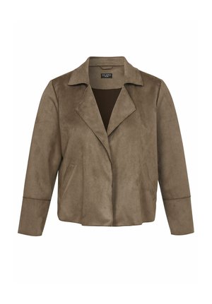 Braune Wildlederjacke mit langen Ärmeln, weitem Revers und offenem Vorderteil, ausgestattet mit Einschubtaschen und einer legeren Passform.