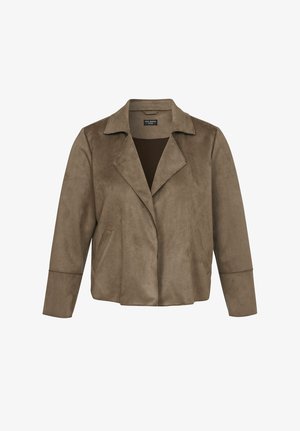 Brown suede long-sleeve jacket with wide lapels and open front, featuring slit pockets and a relaxed fit.