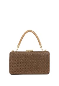 Brown clutch bag with a textured surface covered in small shiny beads, featuring a gold-tone metal clasp and a detachable beaded handle.