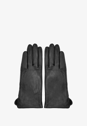 Czarne skórzane rękawiczki z pięcioma palcami, o gładkiej teksturze i subtelnym przeszyciu na krawędziach. Brak widocznych elementów metalowych ani wzorów.