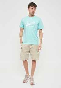 T-shirt di cotone azzurro chiaro con la scritta "Sundek California" stampata in bianco, abbinata a pantaloni cargo beige e sneakers chiare.