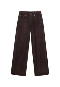 Pantalones anchos de pana marrón con estrías verticales, dos bolsillos delanteros, cierre de botones y detalles de herrajes metálicos. Textura suave.