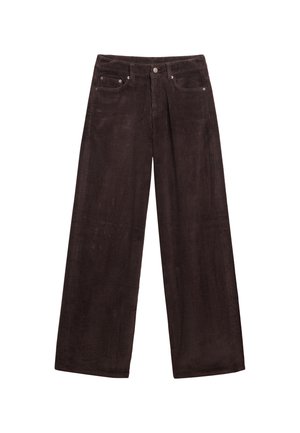 Bruine corduroy wijde pijpen broek met verticale ribbels, twee steekzakken aan de voorkant, knoopsluiting en metalen details. Zachte textuur.